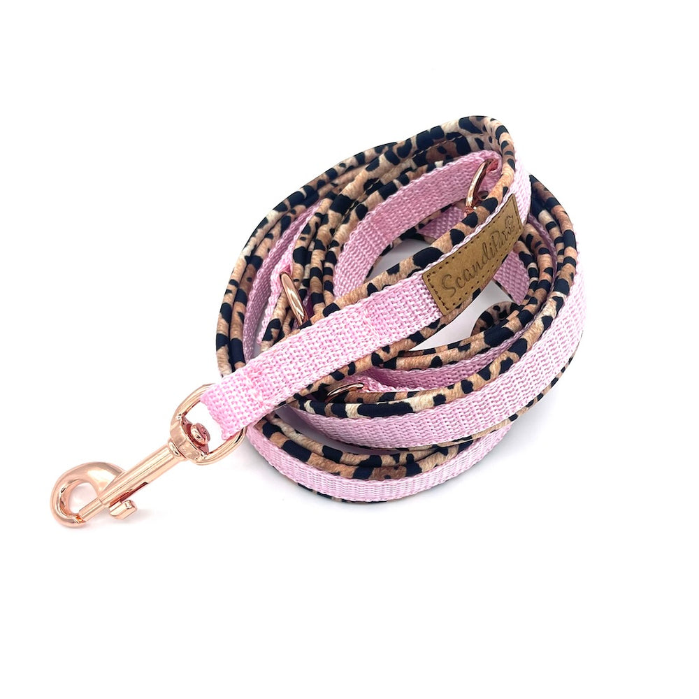 Hundeleine Softshell 3-fach verstellbar aus Softshell von ScandiPaws Holy dog Glamour rosa Leopard Roségold