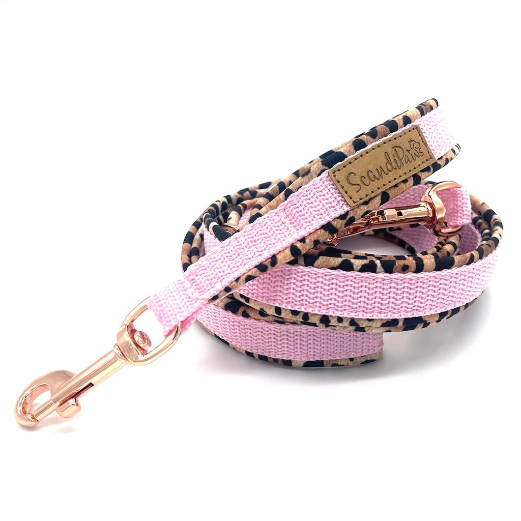 Hundeleine Softshell 3-fach verstellbar aus Softshell von ScandiPaws Holy dog Glamour rosa Leopard Roségold