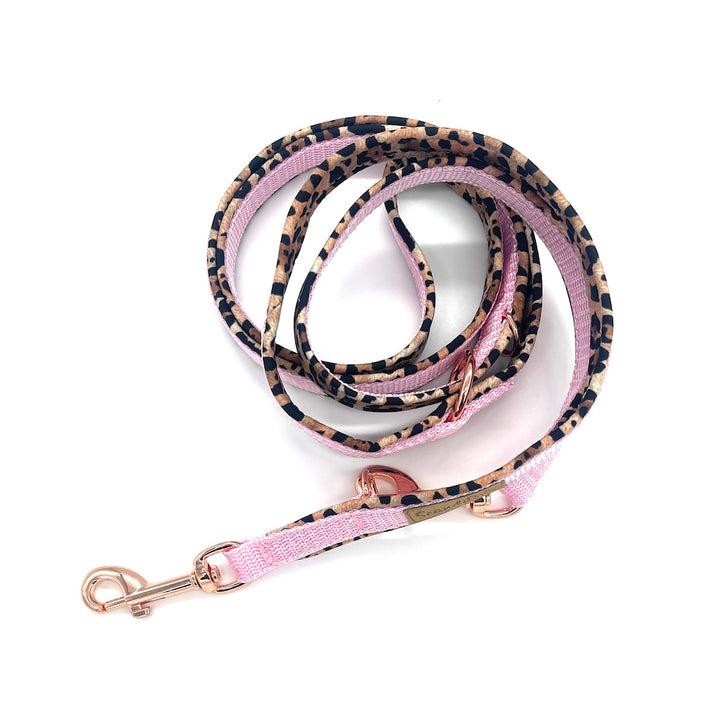 Hundeleine Softshell 3-fach verstellbar aus Softshell von ScandiPaws Holy dog Glamour rosa Leopard Roségold