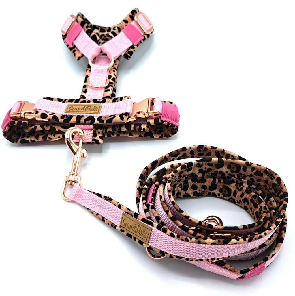 Hundeleine Softshell 3-fach verstellbar aus Softshell von ScandiPaws Holy dog Glamour rosa Leopard Roségold